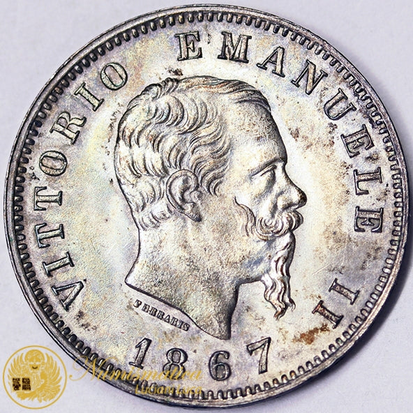 VITTORIO EMANUELE II 1 Lira 1867 Milano Ag Fdc #P14