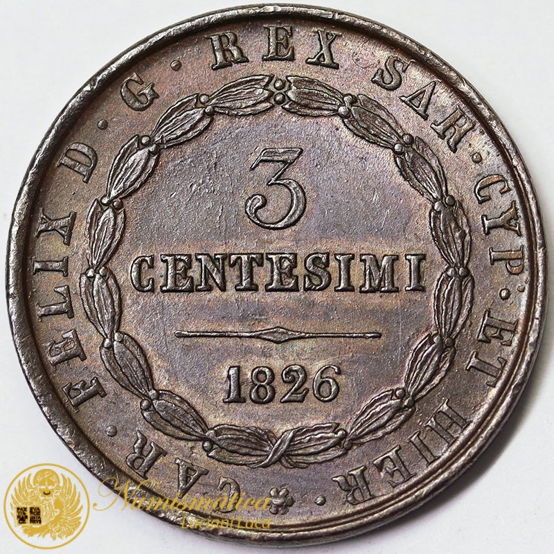 REGNO 3 Centesimi 1826 Torino CARLO FELICE 1821-31 Rame SPL/FDC #1899