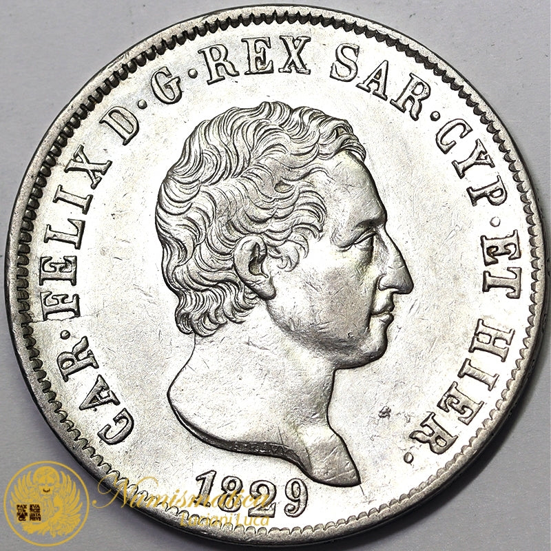 REGNO DI SARDEGNA 5 Lire 1829 GENOVA Carlo Felice 1821-31 Ag SPL+ #PV312