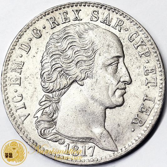 REGNO DI SARDEGNA 5 Lire 1817 Torino VITTORIO EMANUELE I Q.Fdc RARO #PV745