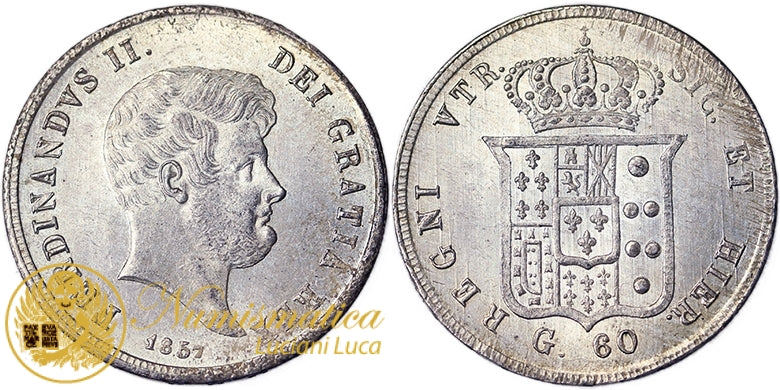 NAPOLI 60 Grana 1857 Ferdinando II di Borbone 1830-59 Raro Q.Fdc #PV769