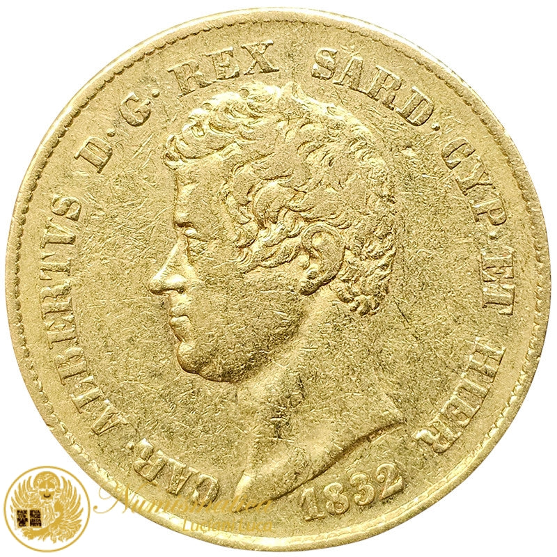20 Lire 1832 Carlo Alberto zecca di Genova FERT Au Raro BB # PV230