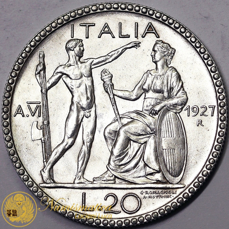 VITTORIO EMANUELE III 20 Lire 1927 Littore Ag Fdc #PV267