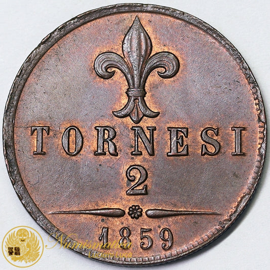 REGNO DUE SICILIE 2 Tornesi 1859 NAPOLI Francesco II di Borbone 1859-60 rame rosso Fdc #PV43