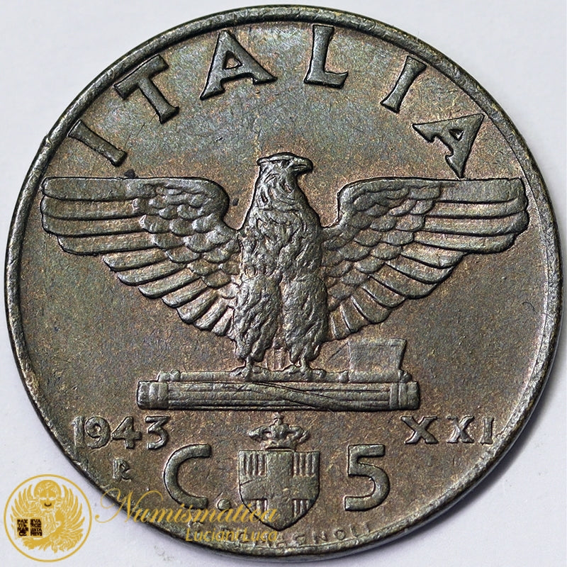 VITTORIO EMANUELE III 5 Centesimi 1943 IMPERO Anno XXI Roma Q.Fdc #3341