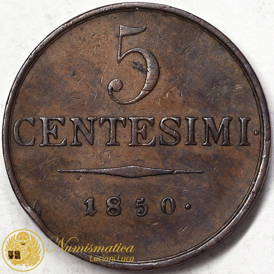 LOMBARDO VENETO Francesco Giuseppe 5 Centesimi 1850 zecca Milano Variante dicitura LOMBARBO bronzo Molto Rara BB+ #PV213