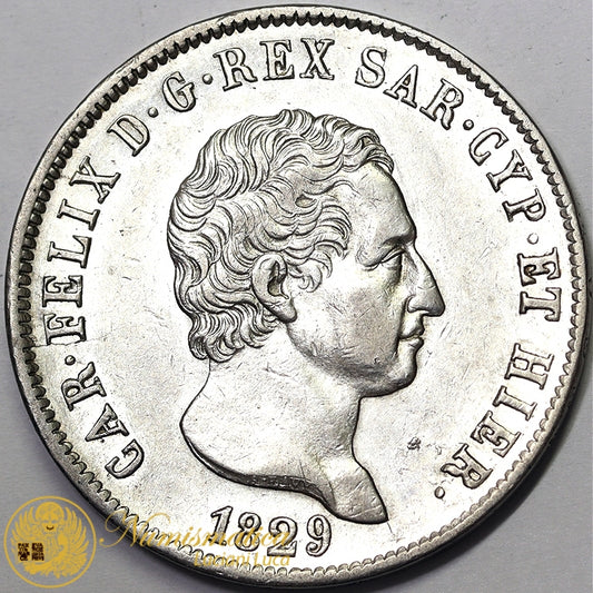 REGNO DI SARDEGNA 5 Lire 1829 GENOVA Carlo Felice 1821-31 Ag SPL+ #PV312