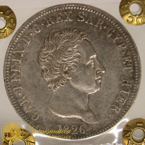 REGNO DI SARDEGNA 5 Lire 1826 GENOVA Carlo Felice 1821-31 Ag Comune Spl- #PV297