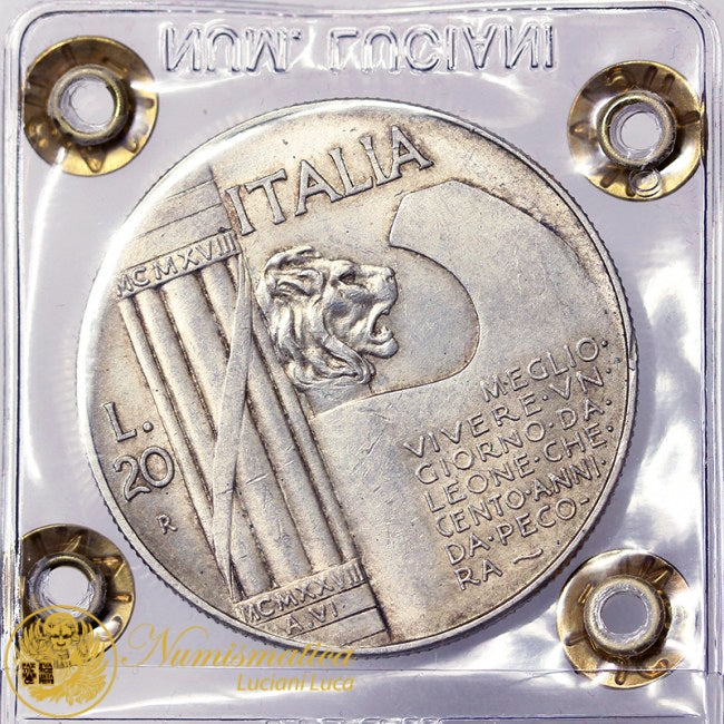 VITTORIO EMANUELE III 20 Lire 1928 Elmetto Ag Q.Fdc RARO #PV460