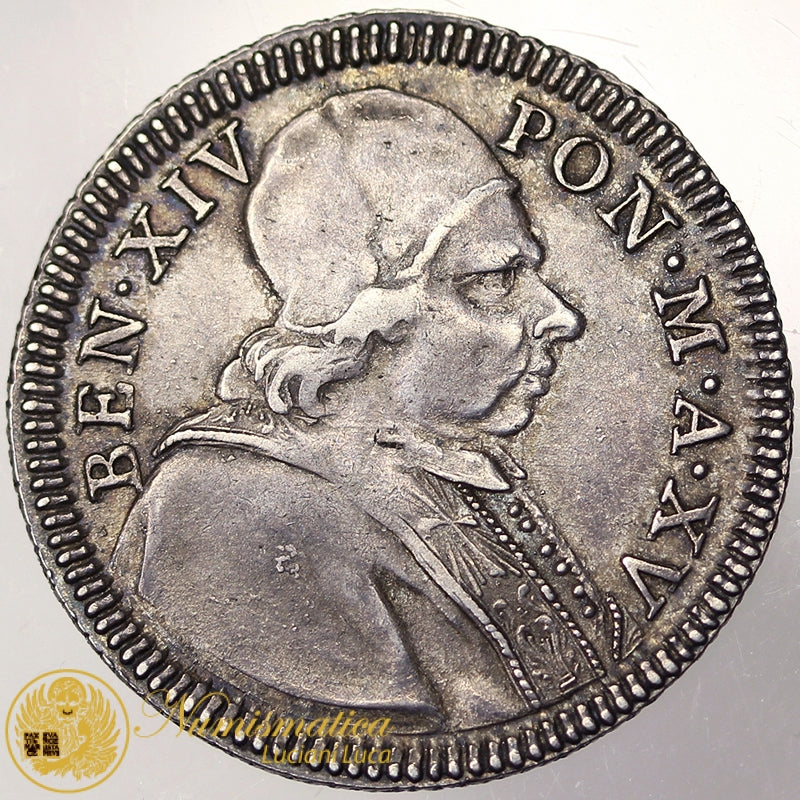 STATO PONTIFICIO 1/5 di Scudo 1754 BENEDETTO XIV 1740-58 Ag #PV118