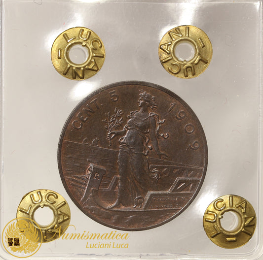 VITTORIO EMANUELE III 5 Centesimi 1909 Italia su Prora Non Comune rame rosso Fdc #PV747